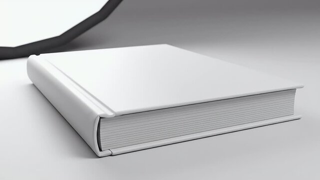A pristine, closed white book rests on a smooth surface, showcasing a clean and minimalist design against a blurred background.