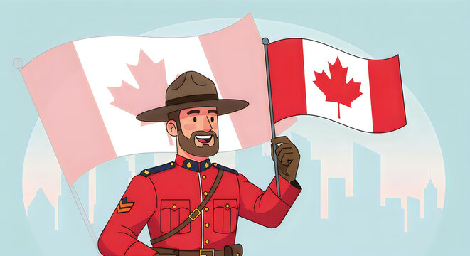 Celebrating canada day iconic mountie with canadian flag a patriotic illustration
