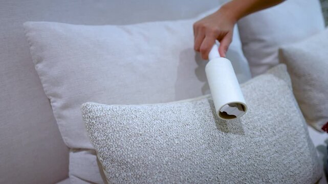 Person Using a Lint Roller to Clean Beige Decorative Pillows