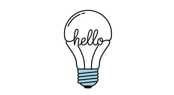Modern line art illustration of a light bulb with the word hello written inside the glass in a stylish and friendly script font.
