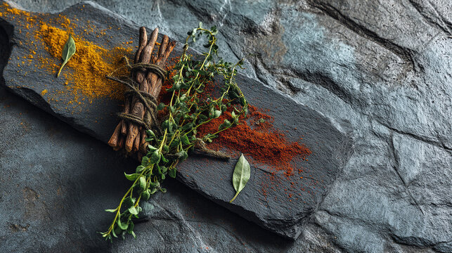 Fresh culinary herbs and spices on a natural stone texture with culinary seasoning cinnamon