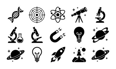 Science and space exploration icons set, 15 black vector symbols of laboratory research, astronomy and physics education elements © Sonia