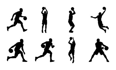 Basketball player silhouettes set, 8 vector athlete figures in action poses, black sports icons of men dribbling and shooting, basketball competition graphics © Sonia