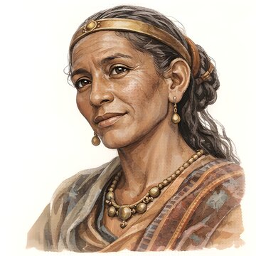 Nordische Frau mit Fellm&uuml;tze, langem Haar und auff&auml;lligem traditionellem Schmuck