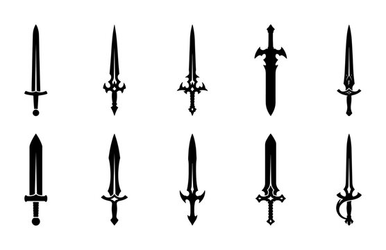 Medieval sword silhouettes set, 10 fantasy blade icons in black vector style, ancient warrior weapon collection for gaming and heraldry
