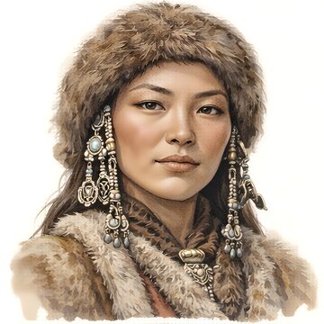 Nordische Frau mit Fellm&uuml;tze, langem Haar und auff&auml;lligem traditionellem Schmuck