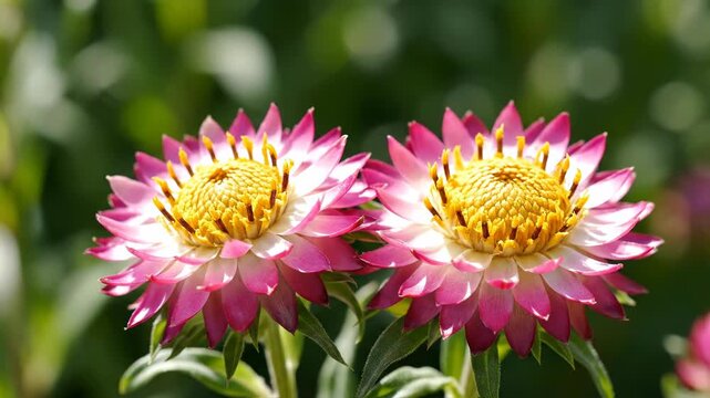 Close-up of two pink and white strawflowers with vibrant yellow centers blooming in a sunny garden. The flowers feature papery bracts and are set against a soft blurred green background.