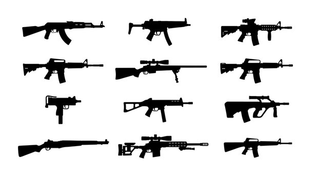 Military weapon silhouettes set, 12 assault rifle and sniper gun icons, black firearm vector collection for gaming and tactical design