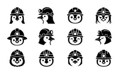 Minimalist penguin miner icons, set of 12 black and white vector avatars, cute penguin characters wearing industrial hard hats and mining helmets © Sonia