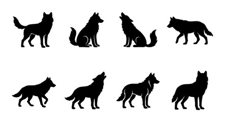 Wolf silhouette vector set, 8 black canine icons in various poses, howling and standing wild animal silhouettes, minimalist forest predator graphics © Mamun