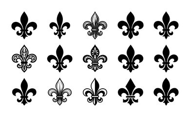 Vintage fleur de lis vector icons set, heraldic lily symbols for luxury branding, 15 black royal floral ornaments for classic crest design © Mamun