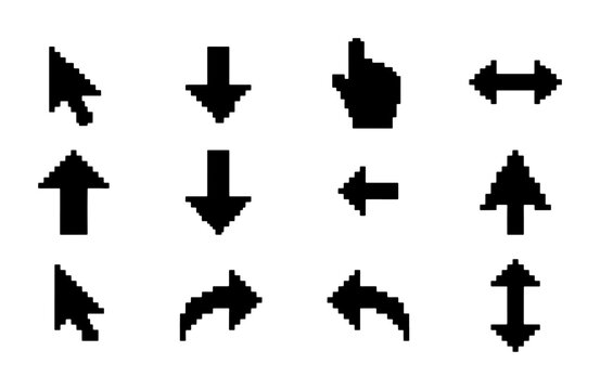 Retro pixel art cursor icons, set of 12 black computer mouse pointers and navigation arrows, vintage 8-bit digital interface elements for web design