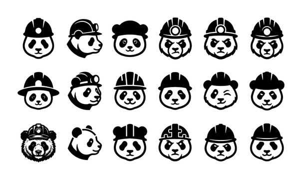 Panda construction worker icons, set of 18 black and white vector panda heads wearing hard hats, industrial animal mascot logos for mining and building