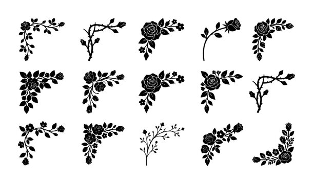 Vintage floral corner borders set, 15 black rose silhouettes and botanical frame elements, elegant decorative flower ornaments for wedding invitations