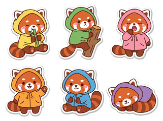 Naklejka premium Adorable Red Panda Characters in Hoodies Illustration Set.