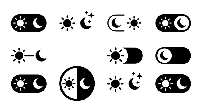 Dark mode toggle switch icons, day and night mode interface buttons, sun and moon light theme sliders, 11 black vector UI elements for web design