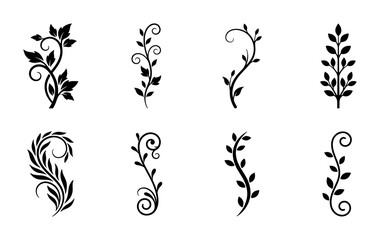 Vintage floral scroll ornaments, set of 8 black leaf branch silhouettes, elegant decorative vine flourishes for wedding invitations and stationery © Tamanna