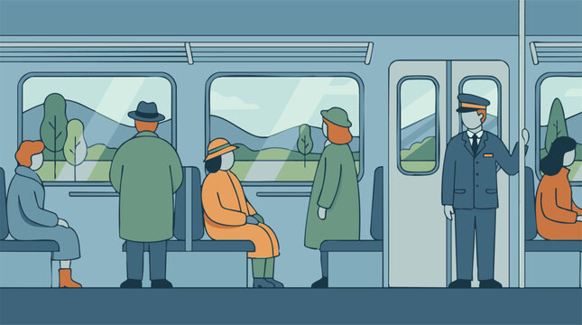 Passengers traveling by train, looking out the window at the landscape