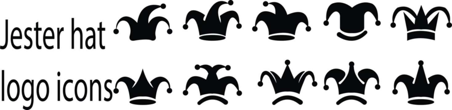 Vintage jester hat icon set, jester's hat decorative background for games and entertainment, various styles of fool caps, bell adornments, and playful designs for carnival fun silhouettes. Joker Cap