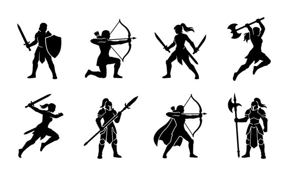 Medieval warrior silhouettes set, fantasy female fighter icons with swords and bows, 8 black vector character illustrations for gaming and rpg