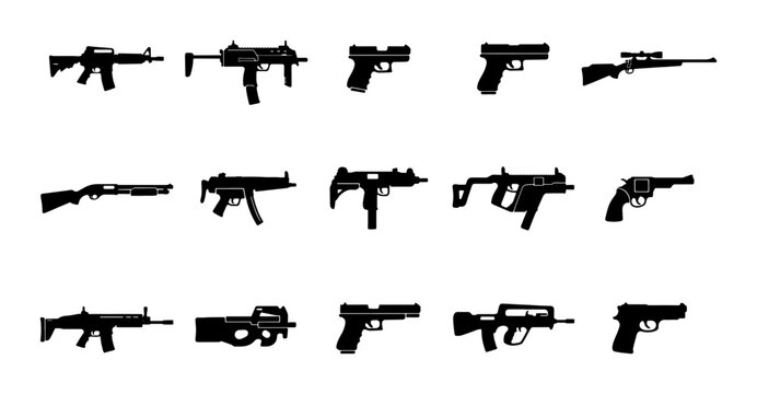 Military weapon silhouettes set, 15 firearm icons including rifles and handguns, black gun vector collection for gaming and tactical design
