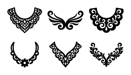 Vintage lace collar vector set, 6 black neck embroidery patterns, decorative floral neckline silhouettes for fashion design and laser cutting © Tamanna