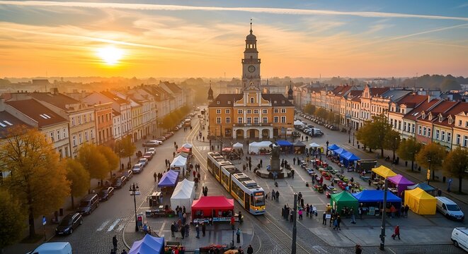 Town square view historic buildings with a tower under golden sunset