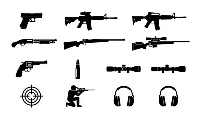 Black firearm silhouettes and shooting range equipment set, tactical weapon icons including rifles and pistols, military gun collection vector © Rubel