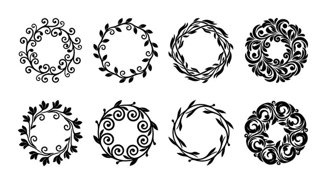 Vintage floral wreath collection, 8 black decorative circular frames, elegant botanical laurel borders for wedding invitations and branding