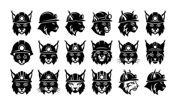 Lynx miner mascot collection, 18 wild cat head icons wearing hard hats, black and white bobcat construction worker logos, industrial feline vector set