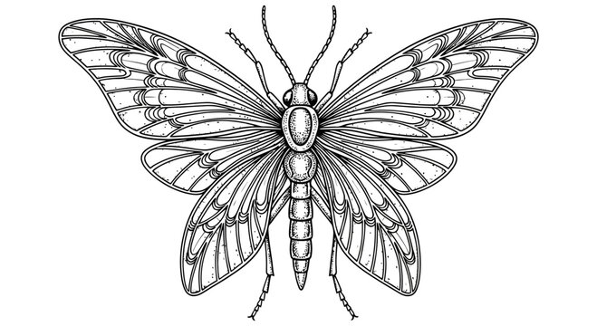 Detailed line drawing of a butterfly with spread wings and intricate patterns