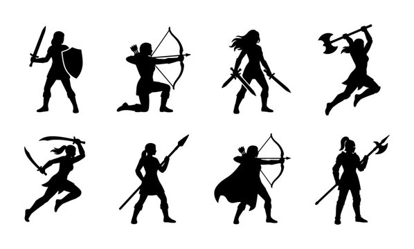 Medieval fantasy female warrior silhouettes, 8 female fighter character icons with swords and bows, ancient amazon soldier vector set for gaming