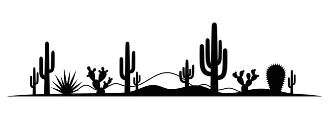 Desert landscape with various cacti and plants in silhouette against a white background © Muhammad