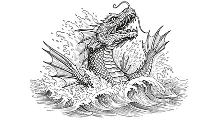 A mythical sea monster emerges from turbulent ocean waves in a dynamic illustration © Muhammad