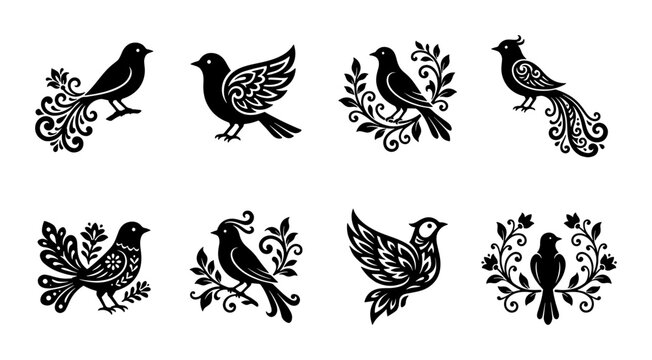 Vintage folk art bird silhouettes, set of 8 decorative bird icons with floral ornaments, black bird vector illustrations for wedding invitations