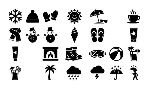 Seasonal weather icons set, winter and summer climate symbols, black flat vector collection for travel and vacation planning apps