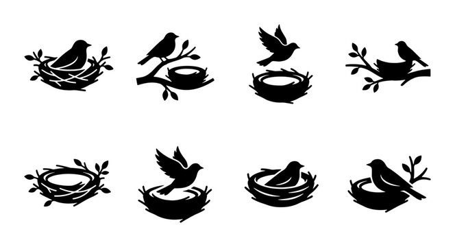Minimalist bird nest silhouette icons, set of 8 vector illustrations of birds on branches and nests, black nature symbols for logo design