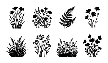 Wildflower silhouette collection, black floral meadow grass and fern leaf vector set, botanical garden plant elements for wedding invitations © Aysha