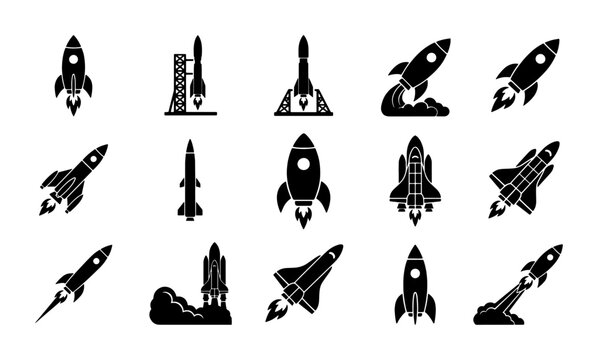 Rocket ship icon set, 15 black silhouette space shuttle vector elements, minimalist spacecraft launch and galaxy exploration symbols for startup business