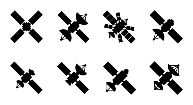 Satellite silhouette icons set, black space station vector graphics, 8 communication and weather satellite symbols for science and technology