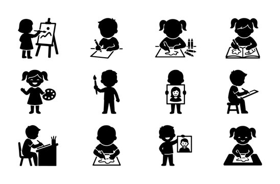 Children drawing and painting icons set, 12 creative kids art activity silhouettes, students sketching and coloring vector illustrations for education