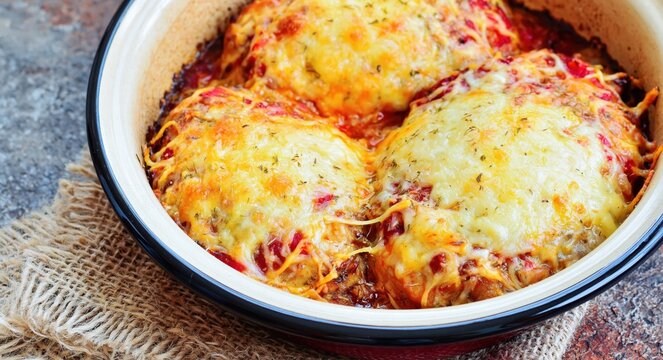 Oven baked chicken breast with melted cheese and fresh tomato sauce