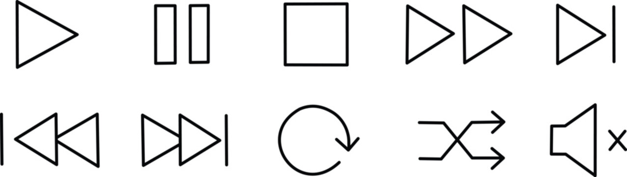 Media control outline icons set with playback navigation symbols play pause stop interface elements isolated on white background