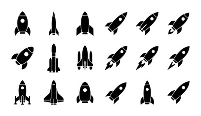 Rocket ship icon set, 18 black silhouette spacecraft and shuttle vectors, minimalist space exploration symbols for startup and technology branding © Ariful