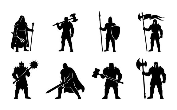 Medieval warrior silhouettes set, fantasy knight and soldier characters with weapons, black vector icons of 8 armored fighters for gaming and design