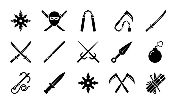Ninja weapon icons set, black silhouette martial arts equipment, 15 vector elements including katana sword, shuriken star, and nunchaku for gaming