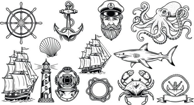 Vintage Nautical Element Set Featuring Ships, Anchor, Captain, Shark, Octopus, and Lighthouse for Marine Themed Tattoos, Logo Designs, and Apparel Graphics