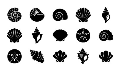 Seashell black silhouette icons set, 15 marine sea shell vector elements, nautical beach snail and scallop shapes, aquatic nature collection © Ariful