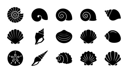 Minimalist seashell silhouette icons, black sea shell vector collection, set of 15 marine mollusk and ocean beach elements for nautical branding © Ariful