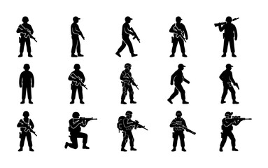 Fototapeta premium Military soldier silhouettes set, 15 tactical army infantry vector icons, armed special forces personnel in combat poses, black war fighter figures